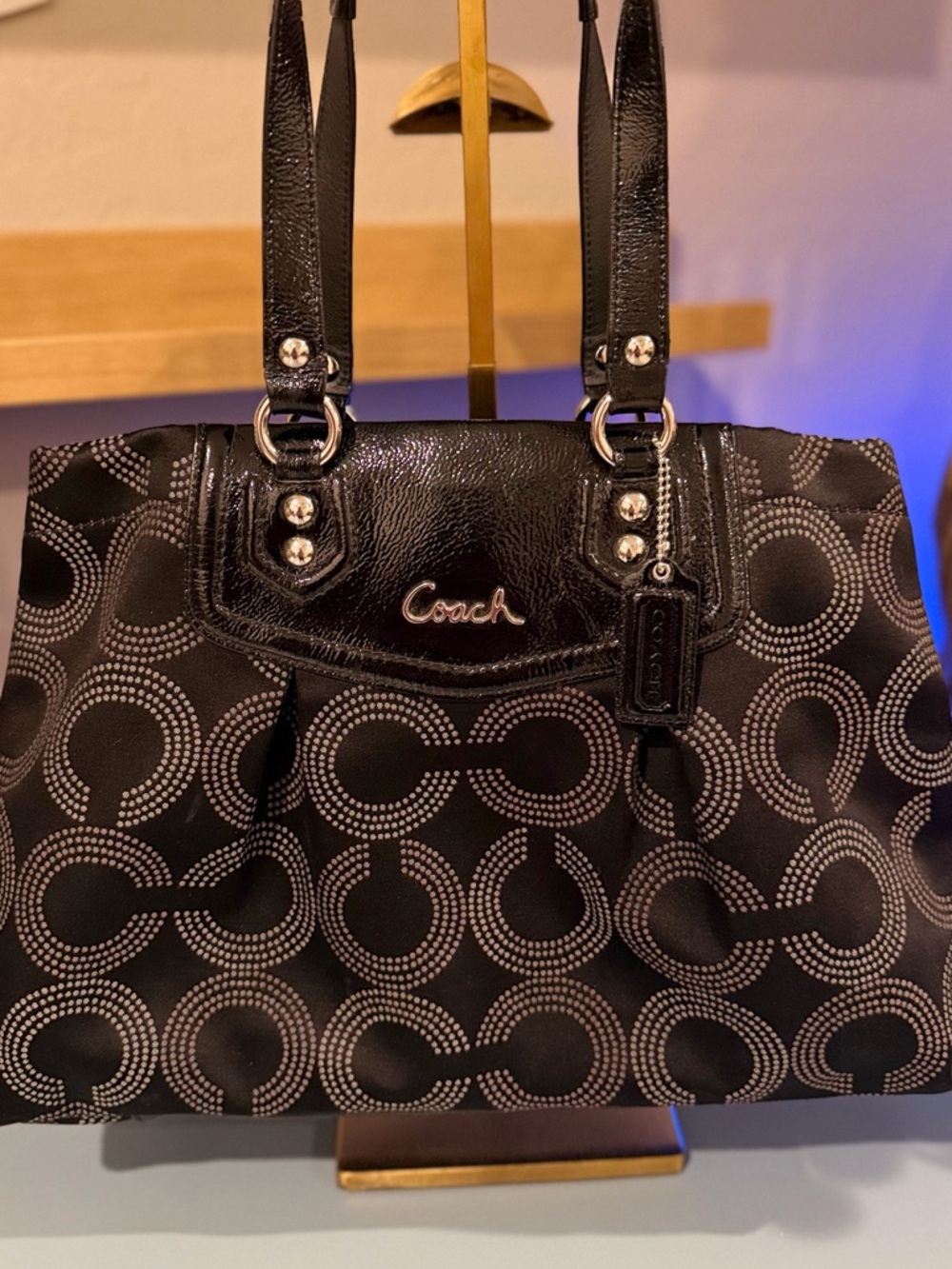 Coach Black Tote with Signature Circle Print and Silver Hardware